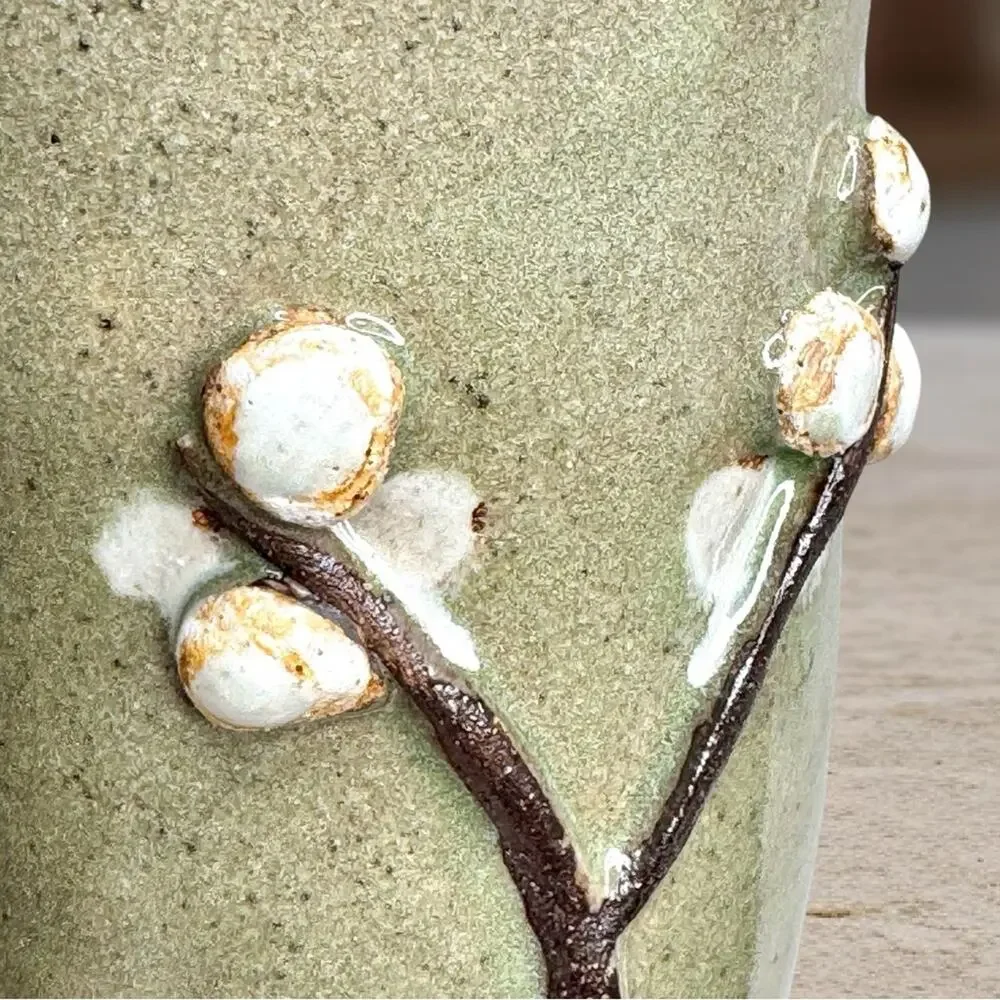 Studio Art Pottery Stoneware Tumbler Mug Vase Branch Botanical Rustic Signed